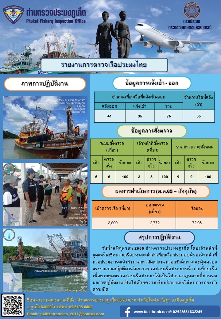 ข่าวประชาสัมพันธ์กิจกรรมการตรวจเรือประมงพาณิชย์แจ้งเข้า - ออก วันที่ 15 มิถุนายน 2566..คลิก