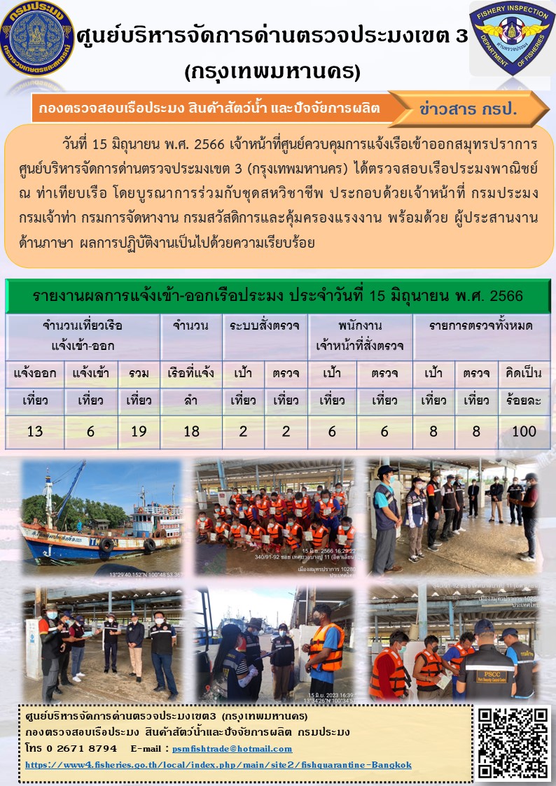 ประชาสัมพันธ์ศูนย์บริหารจัดการด่านตรวจประมงเขต 3 (กรุงเทพมหานคร) ประจำวันที่ 16 มิถุนายน 2566..คลิก