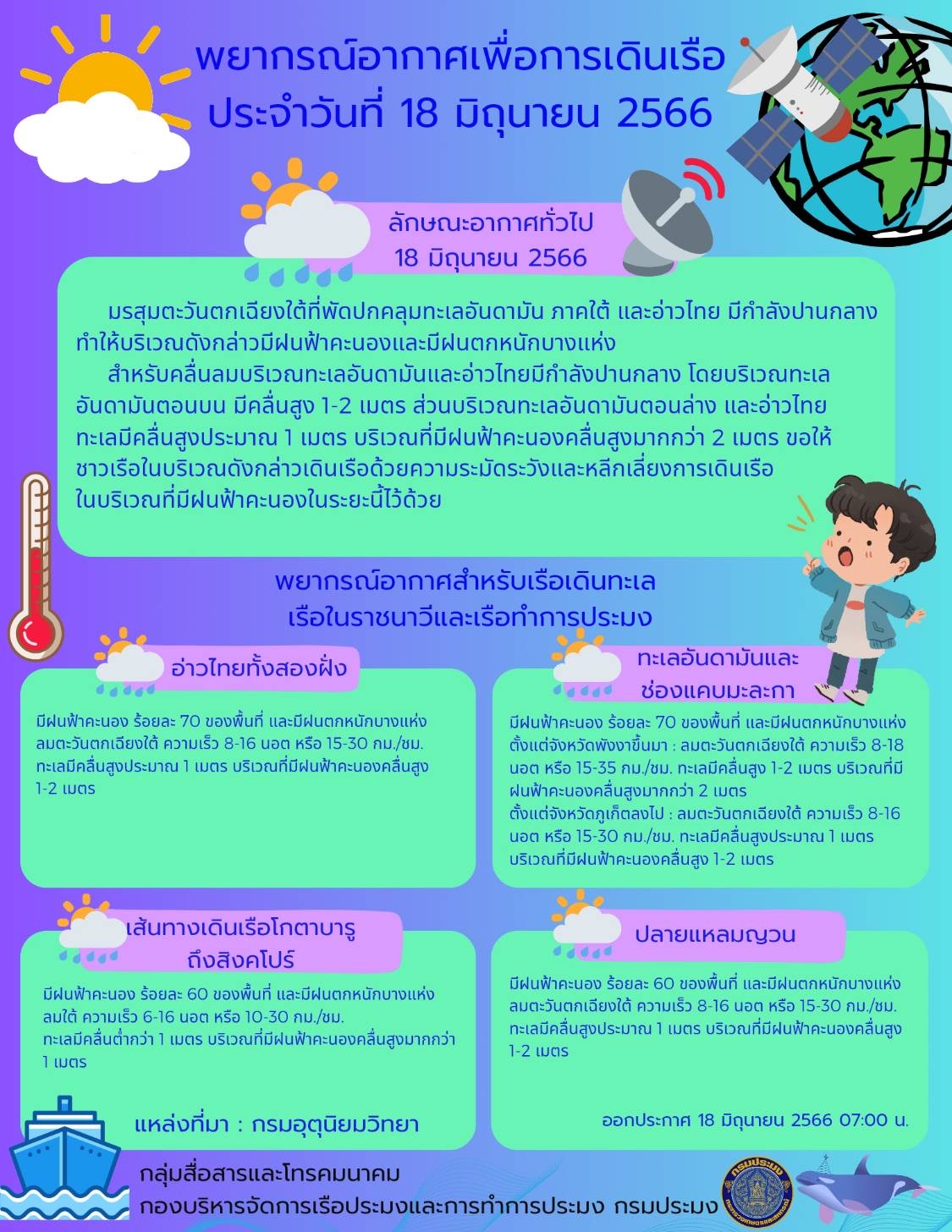 พยากรณ์อากาศเพื่อการเดินเรือ ประจำวันที่ 18 มิถุนายน 2566..คลิก