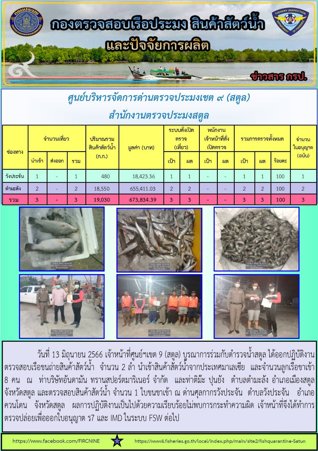 ประชาสัมพันธ์การปฏิบัติงานศูนย์บริหารจัดการด่านตรวจประมงเขต 9 (สตูล) ประจำวันที่ 11-15 มิถุนายน 2566..คลิก