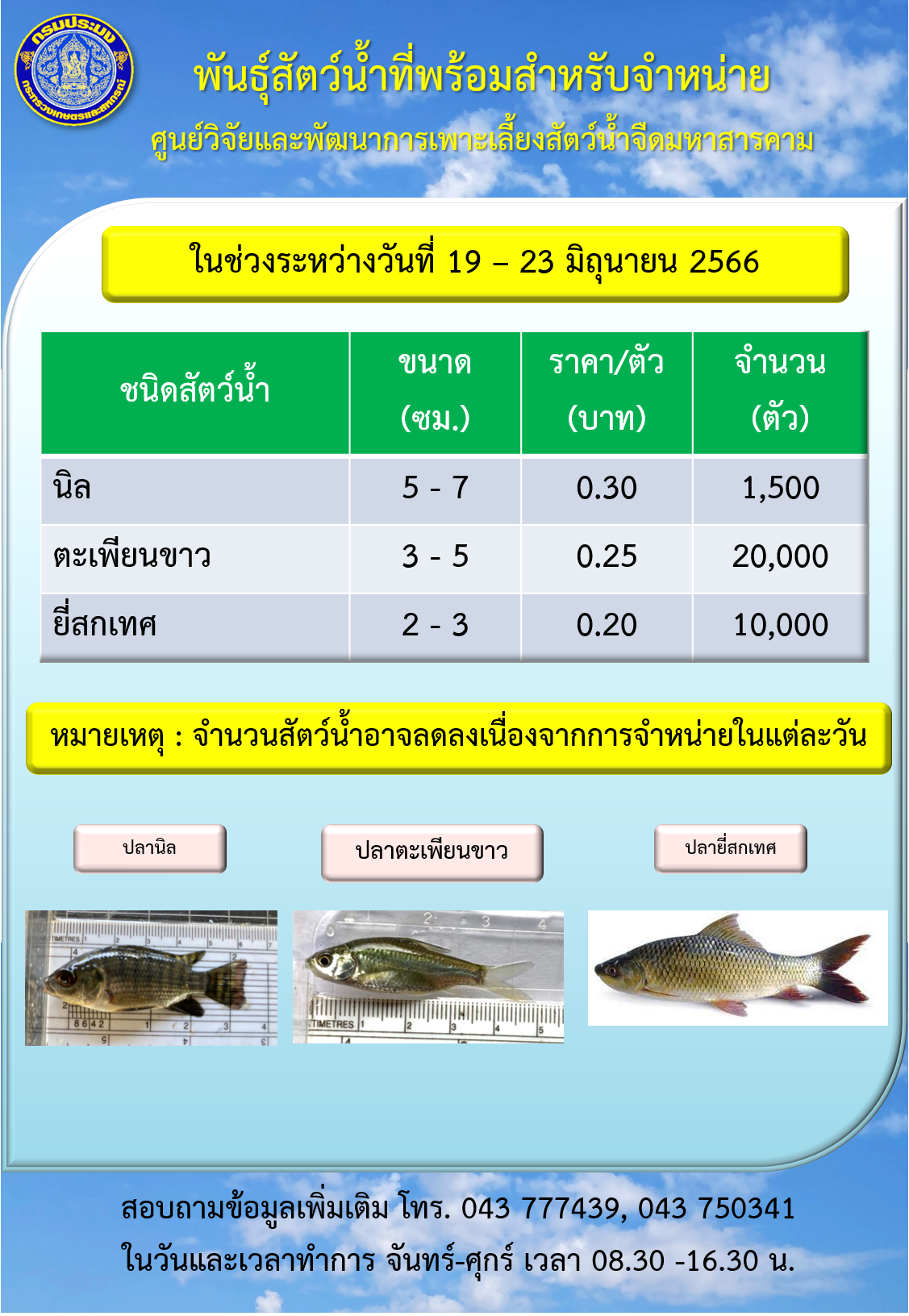 พันธุ์สัตว์น้ำที่พร้อมสำหรับจำหน่าย ระหว่างวันที่ 19 – 23 มิถุนายน 2566..คลิก