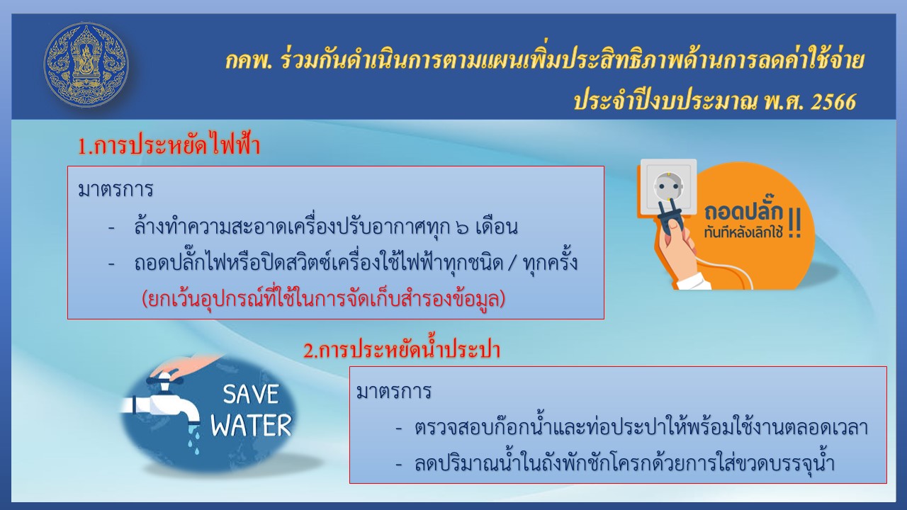 กคพ. ร่วมกันดำเนินการตามแผนเพิ่มประสิทธิภาพด้านการลดค่าใช้จ่าย ประจำปีงบประมาณ พ.ศ. 2566..คลิก