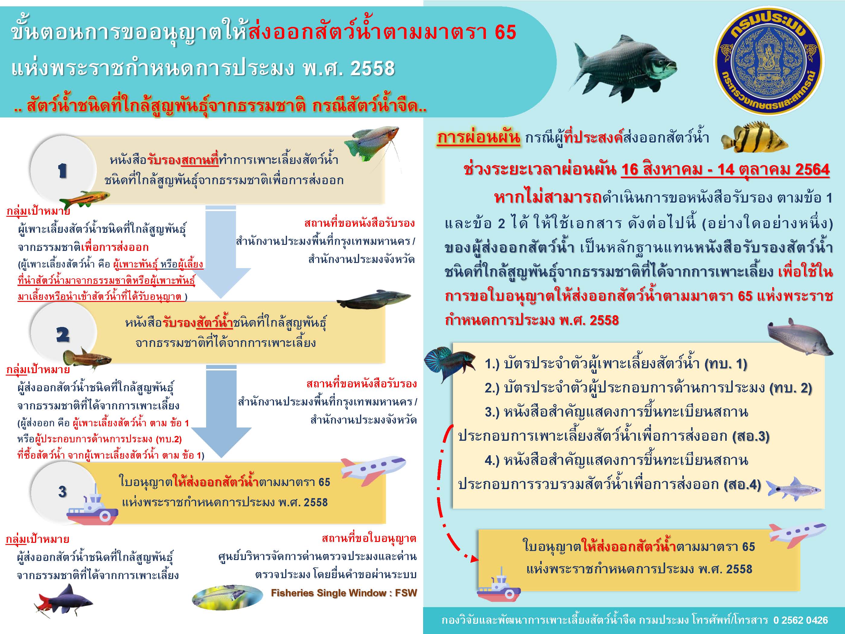 ขั้นตอนการขออนุญาตให้ส่งออกสัตว์น้ำตามมาตรา 65 แห่งพระราชกำหนดการประมง พ.ศ. 2558 ** สัตว์น้ำใกล้สูญพันธุ์จากธรรมชาติ กรณีสัตว์น้ำจืด **..คลิก