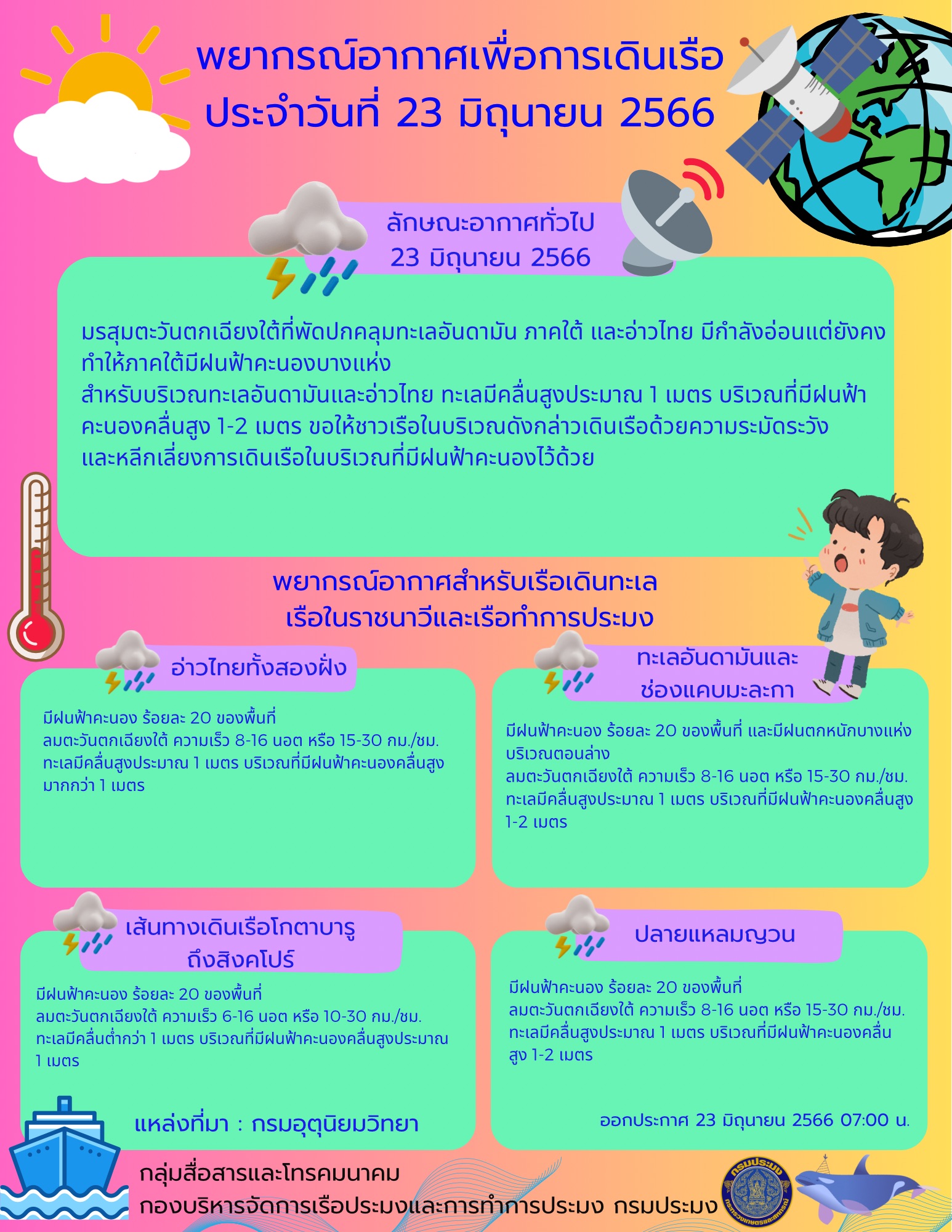พยากรณ์อากาศเพื่อการเดินเรือ ประจำวันที่ 23 มิถุนายน 2566..คลิก