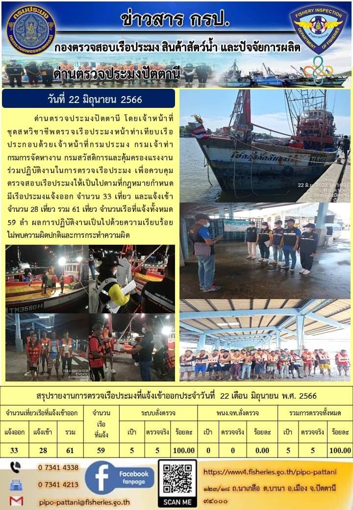 ข่าวสารการปฏิบัติงาน ด่านตรวจประมงปัตตานี วันที่ 22 มิถุนายน 2566..คลิก