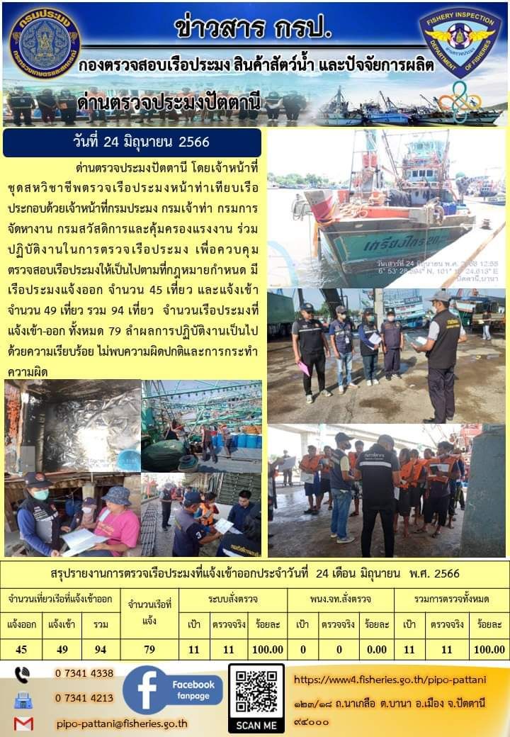 ข่าวสารการปฏิบัติงาน ด่านตรวจประมงปัตตานี วันที่ 24 มิถุนายน 2566..คลิก