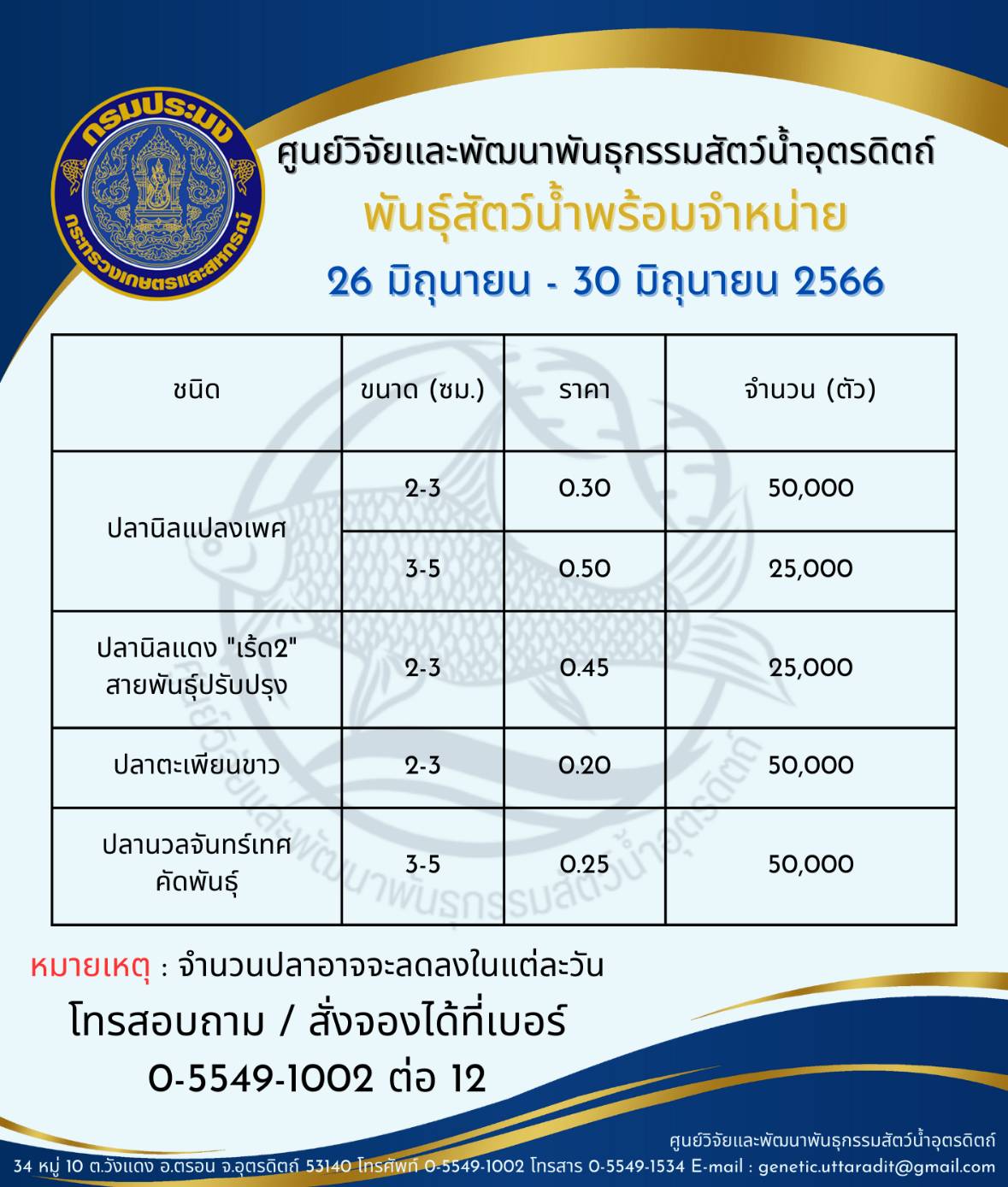 พันธุ์สัตว์น้ำพร้อมจำหน่าย ระหว่างวันที่ 26 - 30 มิถุนายน 2566