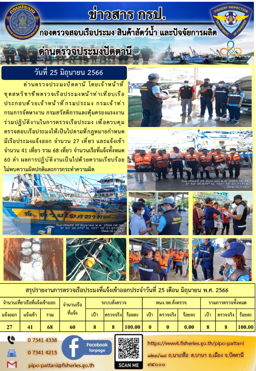 ข่าวสารการปฏิบัติงาน ด่านตรวจประมงปัตตานี วันที่ 25 มิถุนายน 2566..คลิก