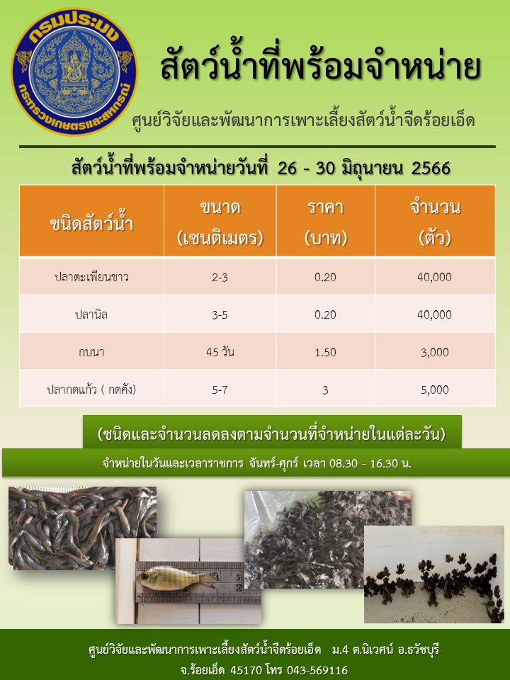 สัตว์น้ำที่พร้อมจำหน่ายวันที่ 26 - 30 มิถุนายน 2566..คลิก