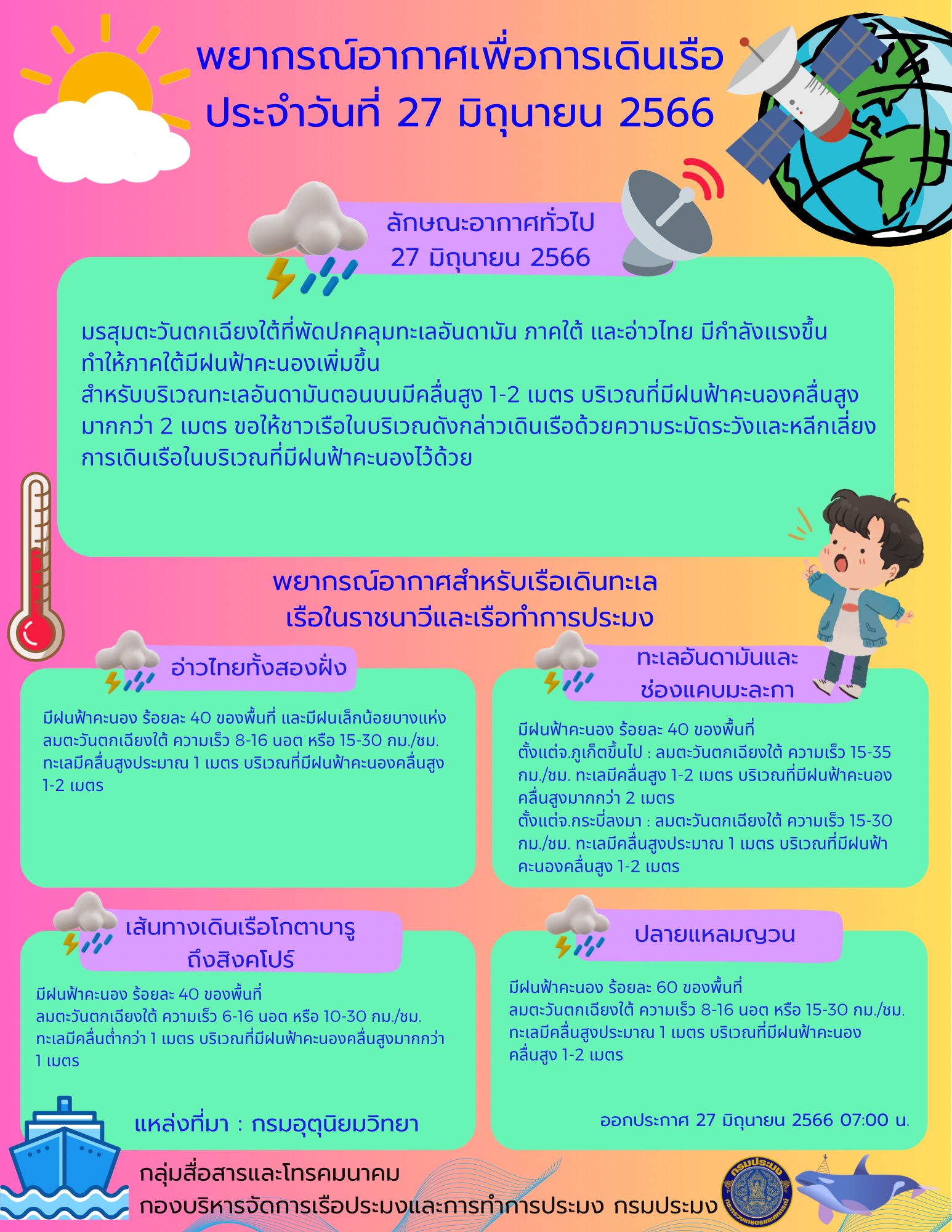พยากรณ์อากาศเพื่อการเดินเรือ ประจำวันที่ 27 มิถุนายน 2566..คลิก