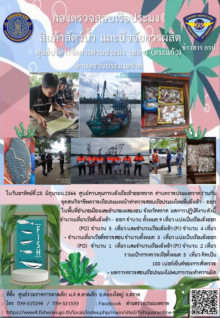 ผลการปฏิบัติงานศูนย์ควบคุมการแจ้งเรือเข้าออกตราด ด่านตรวจประมงตราด ประจำวันที่ 25 มิถุนายน 2566..คลิก