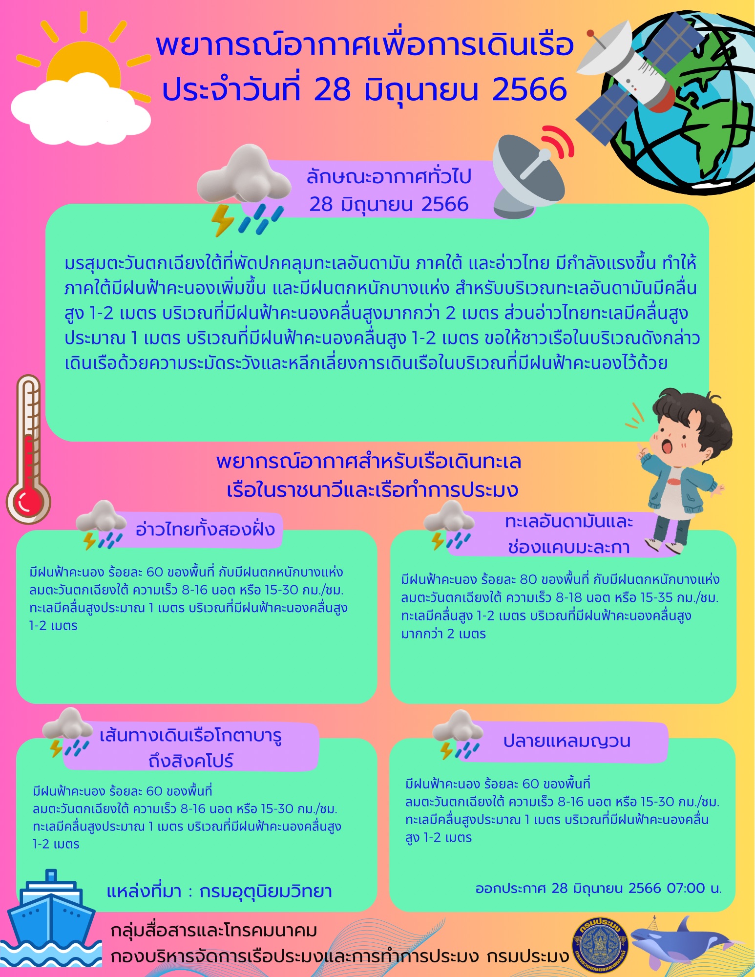พยากรณ์อากาศเพื่อการเดินเรือ ประจำวันที่ 28 มิถุนายน 2566..คลิก