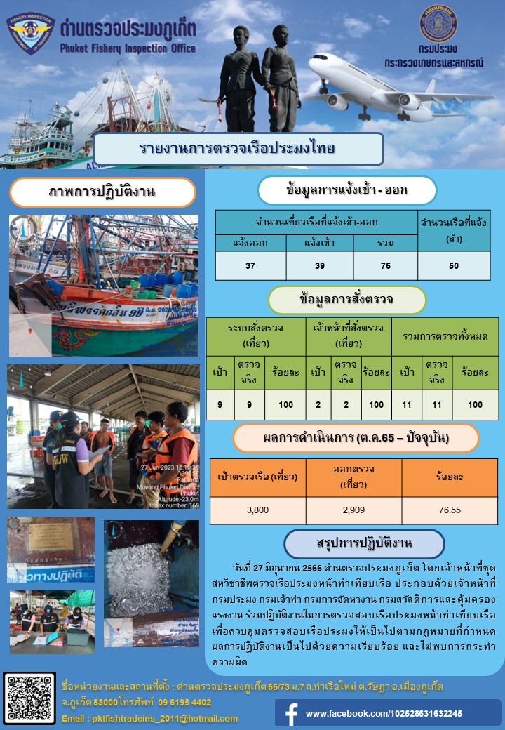ข่าวประชาสัมพันธ์กิจกรรมการตรวจเรือประมงพาณิชย์แจ้งเข้า - ออก วันที่ 27 มิถุนายน 2566..คลิก