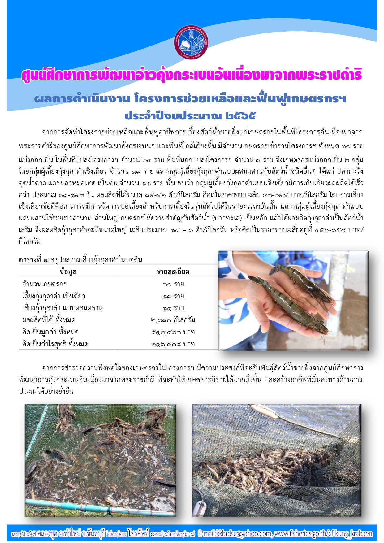โครงการช่วยเหลือและฟื้นฟูเกษตรกร ศูนย์ศึกษาการพัฒนาอ่าวคุ้งกระเบนอันเนื่องมาจากพระราชดำริ