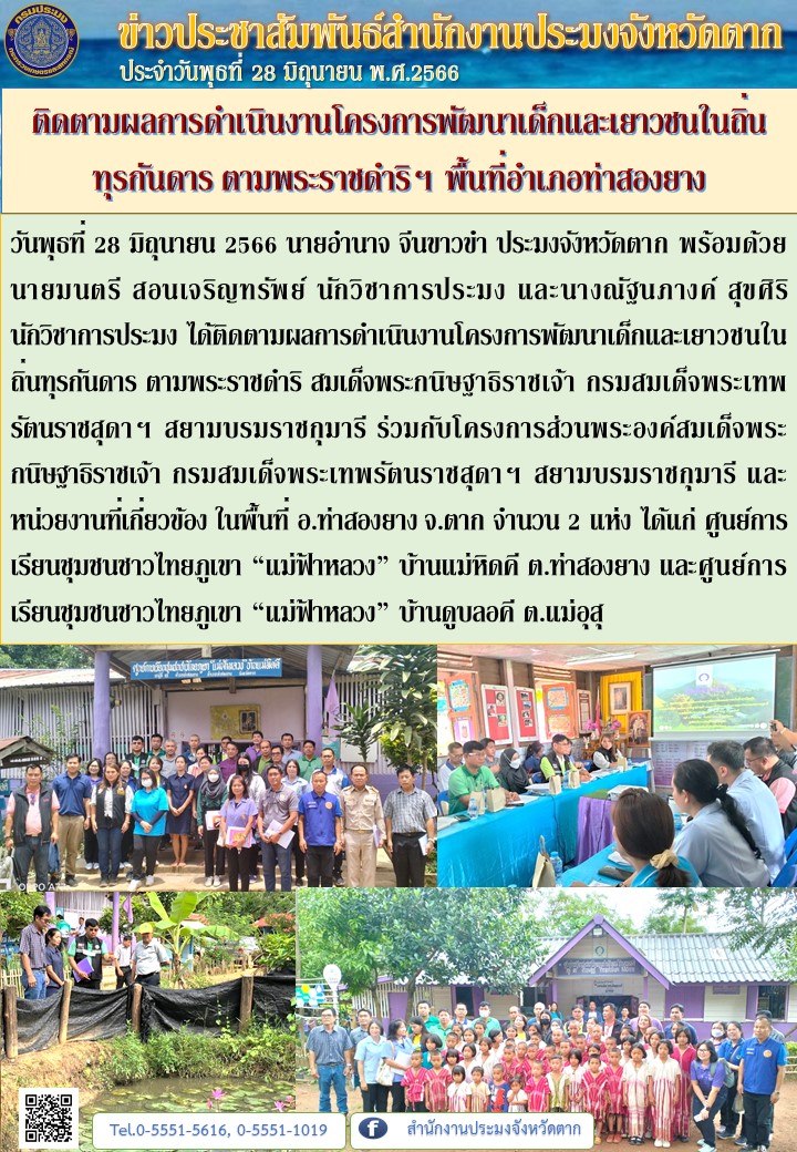 ติดตามผลการดำเนินงานโครงการพัฒนาเด็กและเยาวชนในถิ่นทุรกันดาร ตามพระราชดำริฯ พื้นที่อำเภอท่าสองยาง..คลิก