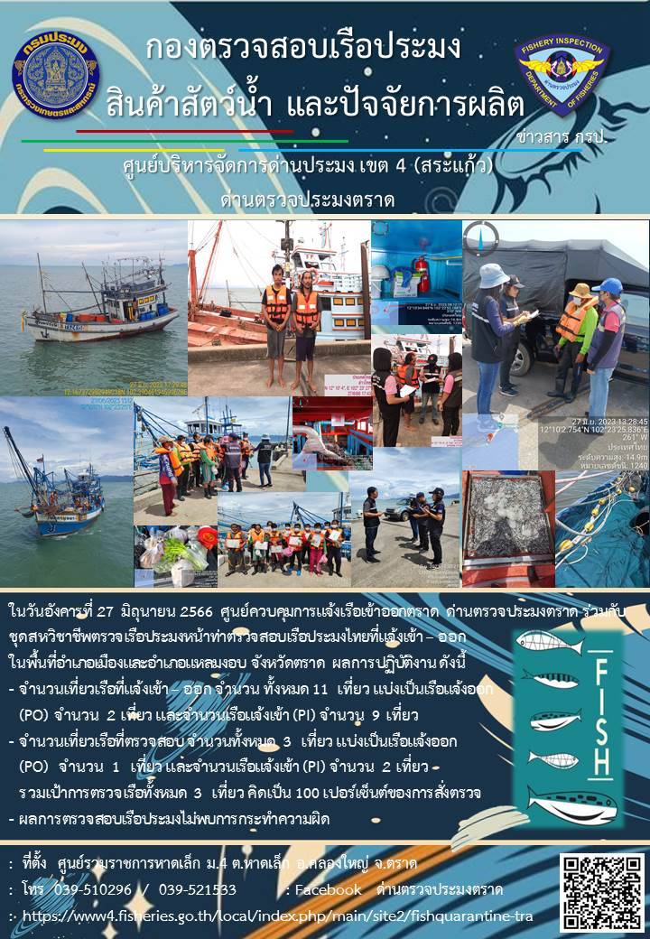 ผลการปฏิบัติงานของศูนย์ควบคุมการแจ้งเรือเข้าออกตราด ด่านตรวจประมงตราด ประจำวันที่ 27 มิถุนายน 2566..คลิก