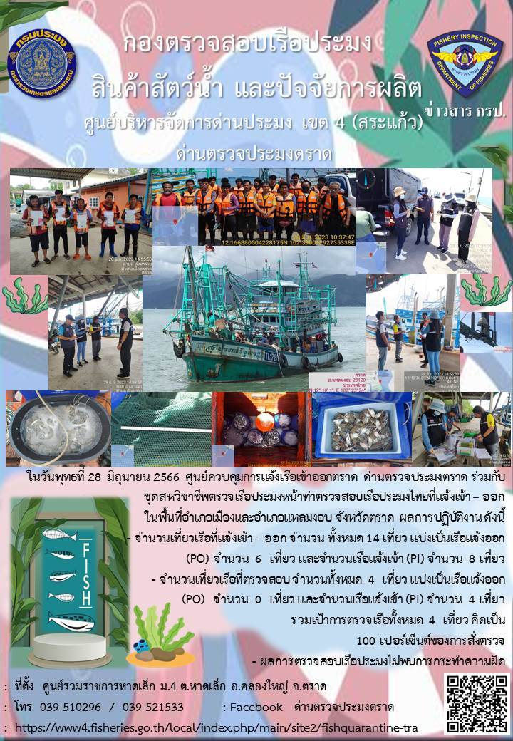ผลการปฏิบัติงานของศูนย์ควบคุมการแจ้งเรือเข้าออกตราด ด่านตรวจประมงตราด ประจำวันที่ 28 มิถุนายน 2566..คลิก