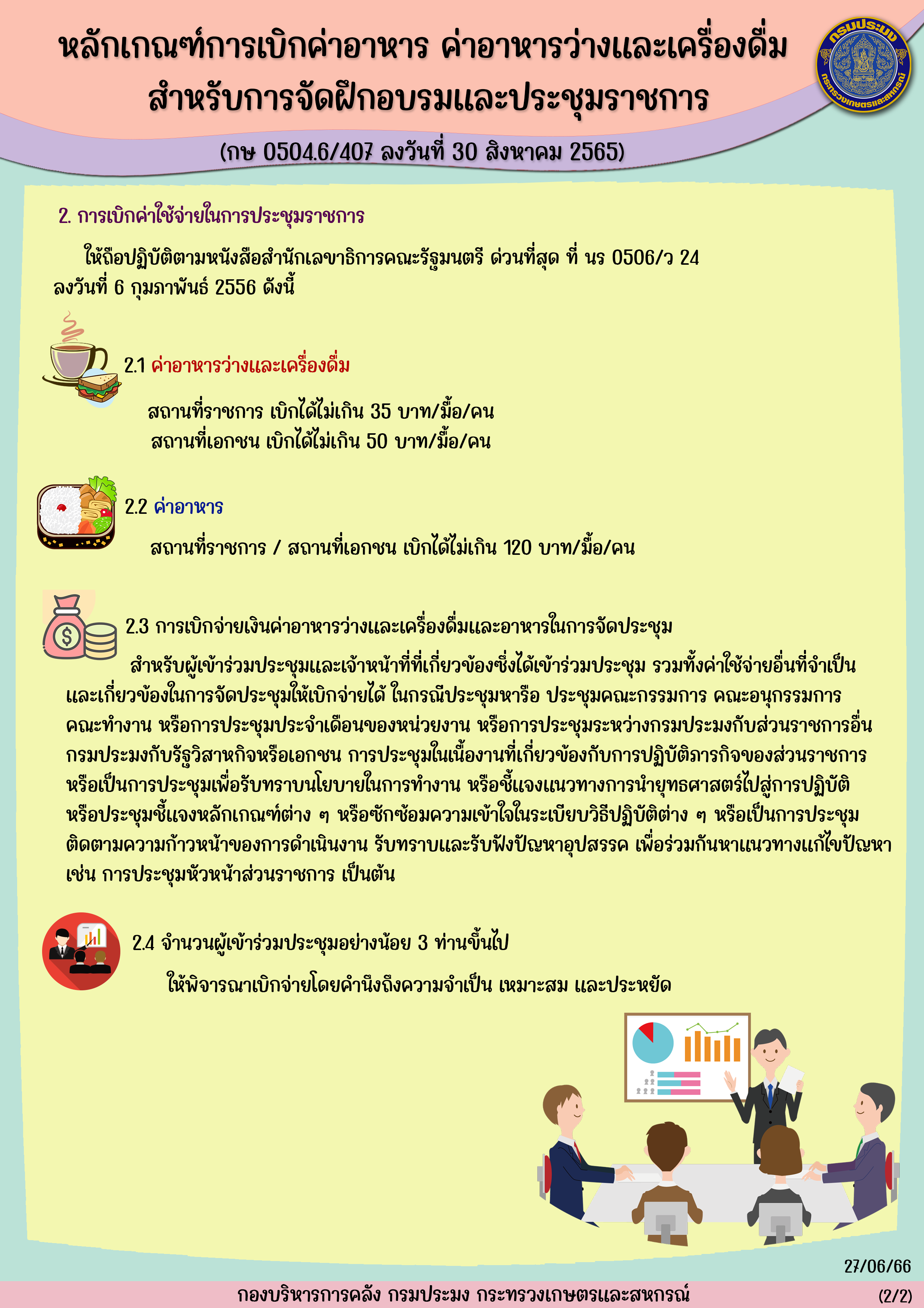 ประชาสัมพันธ์การเบิกค่าอาหาร ค่าอาหารว่างและเครื่องดื่ม สำหรับการจัดฝึกอบรมและประชุมราชการ..คลิก