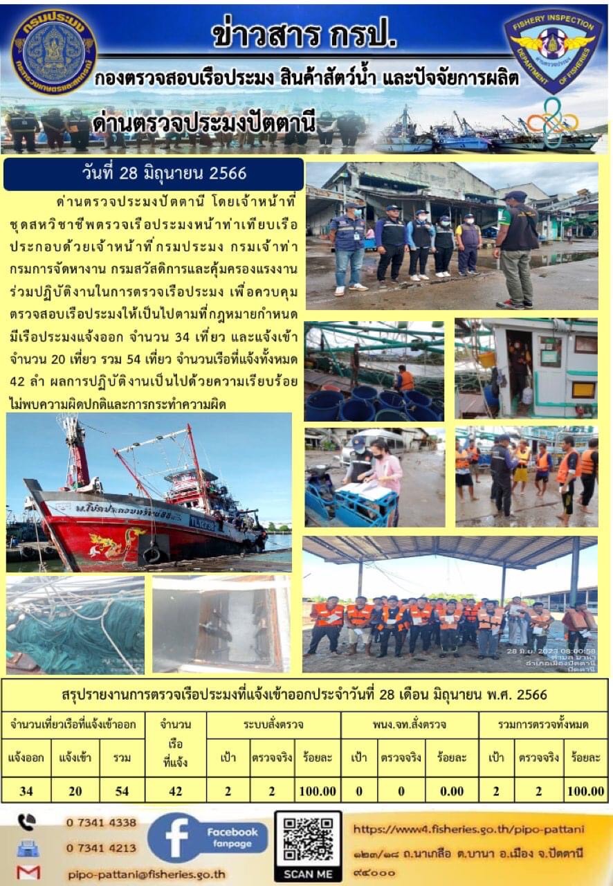ข่าวสารการปฏิบัติงาน ด่านตรวจประมงปัตตานี วันที่ 28 มิถุนายน 2566..คลิก