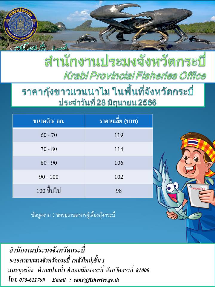 ราคากุ้งขาวประจำวันที่ 28 มิถุนายน 2566..คลิก