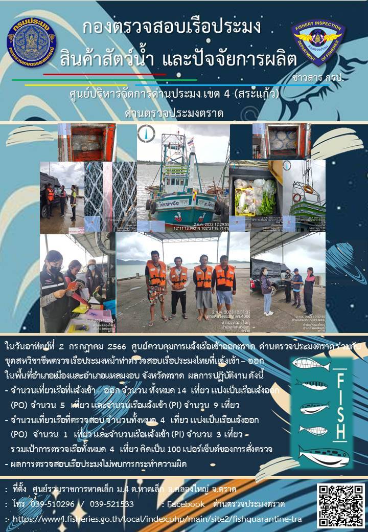 ผลการปฏิบัติงานศูนย์ควบคุมการแจ้งเรือเข้าออกตราด ด่านตรวจประมงตราด ประจำวันที่ 2 กรกฎาคม 2566..คลิก