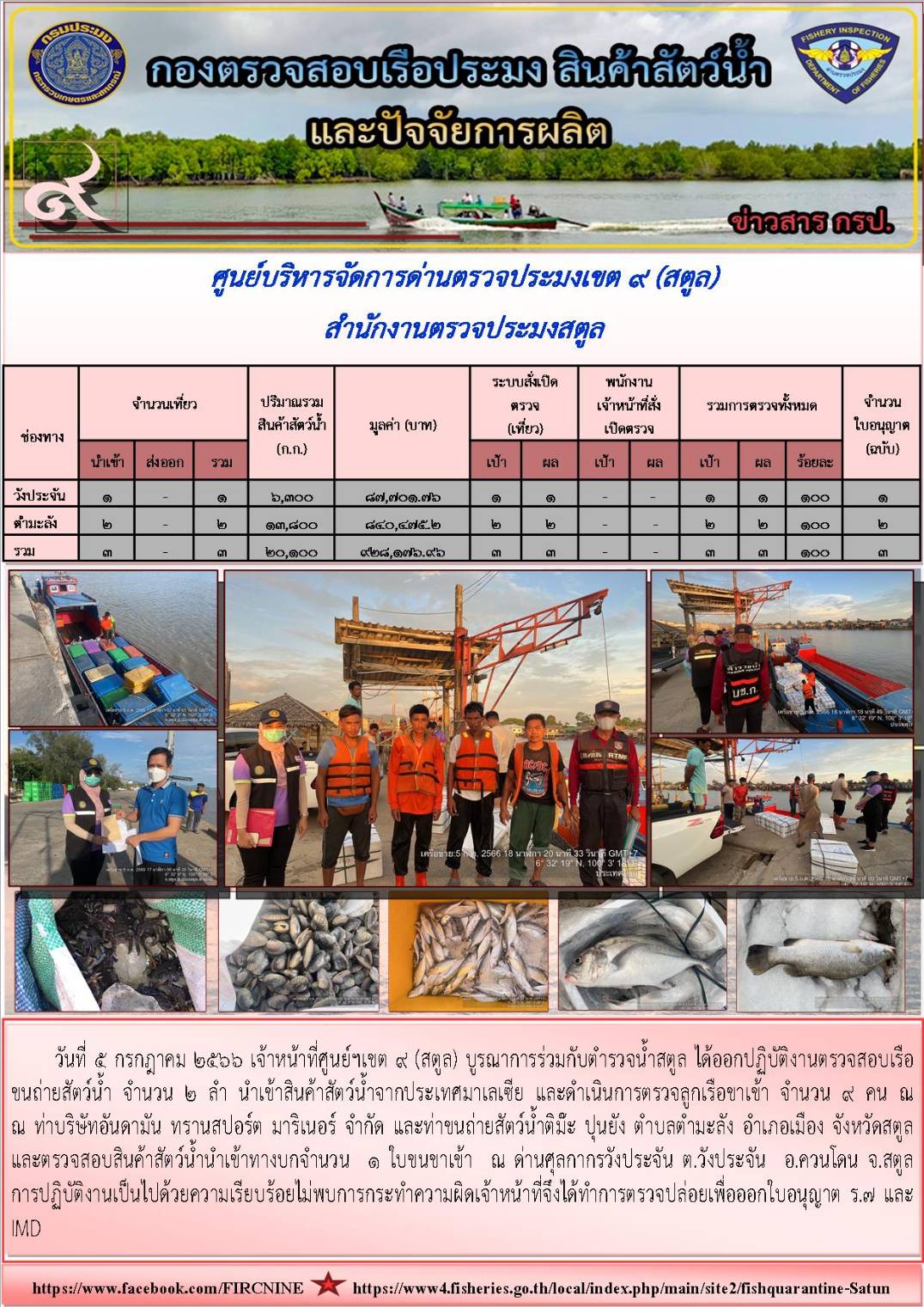 ประชาสัมพันธ์การปฏิบัติงานศูนย์บริหารจัดการด่านตรวจประมงเขต 9(สตูล) ประจำวันที่ 2-5 กรกฎาคม 2566..คลิก