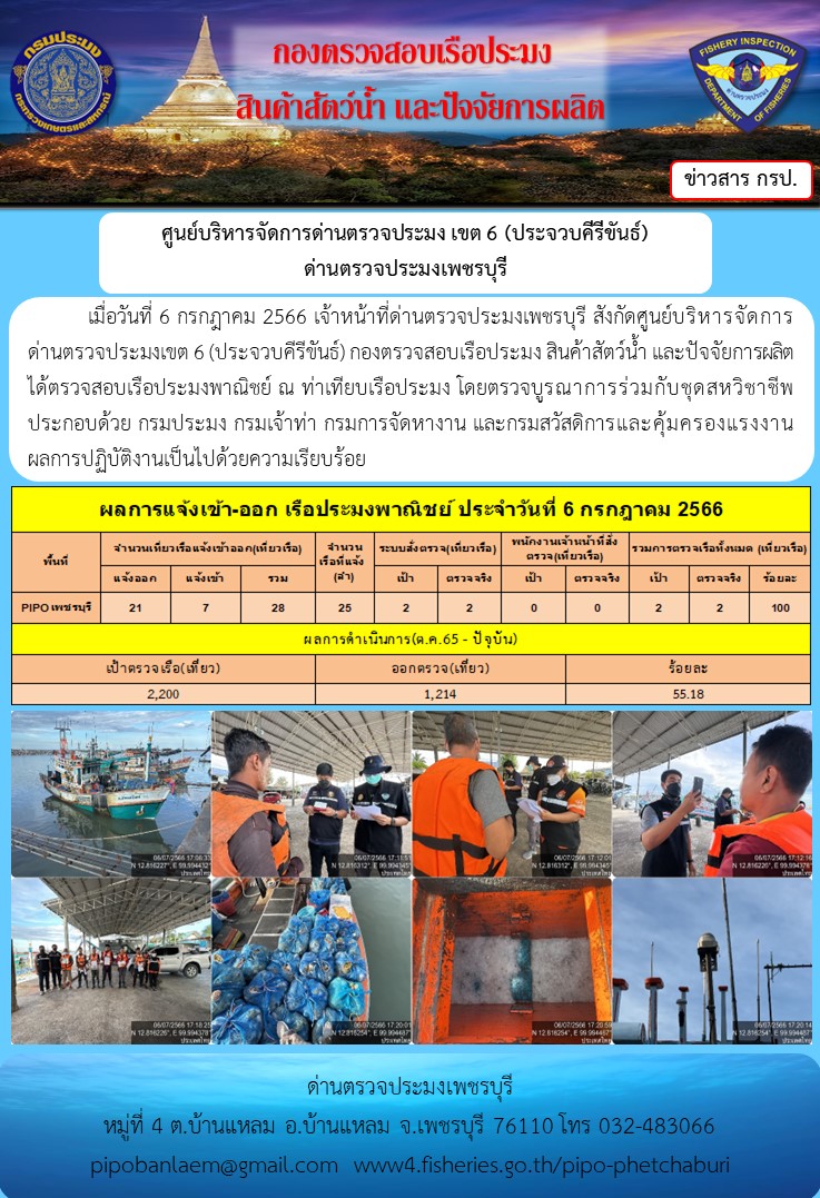 ข่าวประชาสัมพันธ์ ด่านตรวจประมงเพชรบุรี สถิติเรือที่แจ้งเข้า - ออก ประจำวันที่ 6 ก.ค. 2566
