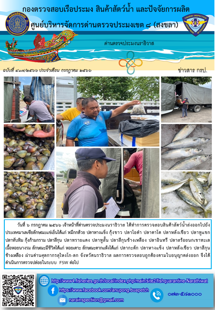 ประชาสัมพันธ์ด่านตรวจประมงนราธิวาส ประจำวันที่ 6 กรกฎาคม 2566..คลิก
