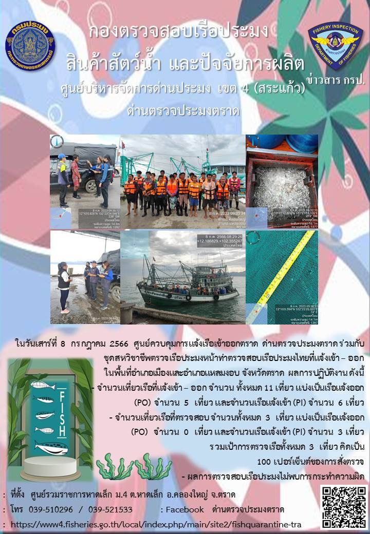 ผลการปฏิบัติงานของศูนย์ควบคุมการแจ้งเรือเข้าออกตราด ด่านตรวจประมงตราด ประจำวันที่ 8 กรกฎาคม 2566..คลิก