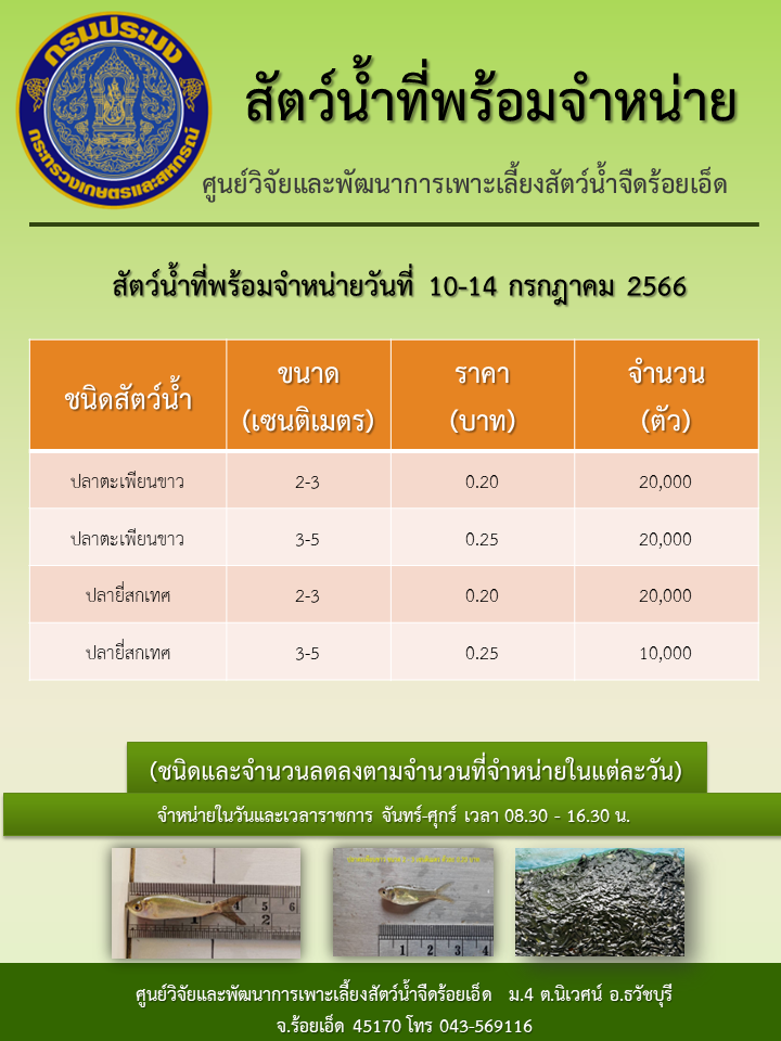 สัตว์น้ำที่พร้อมจำหน่ายวันที่ 10-14 กรกฎาคม 2566..คลิก