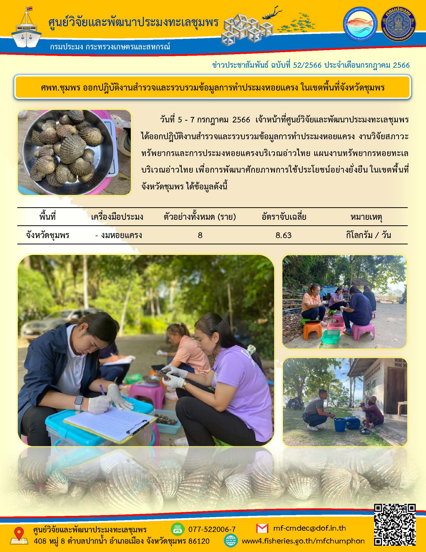 วันที่ 5 – 7 กรกฎาคม 2566 เจ้าหน้าที่ศูนย์วิจัยและพัฒนาประมงทะเลชุมพรได้ออกปฏิบัติงานสำรวจและรวบรวมข้อมูลการทำประมงหอยแครง งานวิจัยสภาวะทรัพยากรและการประมงหอยแครงบริเวณอ่าวไทย แผนงานทรัพยากรหอยทะเลบริเวณอ่าวไทย เพื่อการพัฒนาศักยภาพการใช้ประโยชน์อย่างยั่งยืน ในเขตพื้นที่จังหวัดชุดพร ได้ข้อมูลดังนี้..คลิก