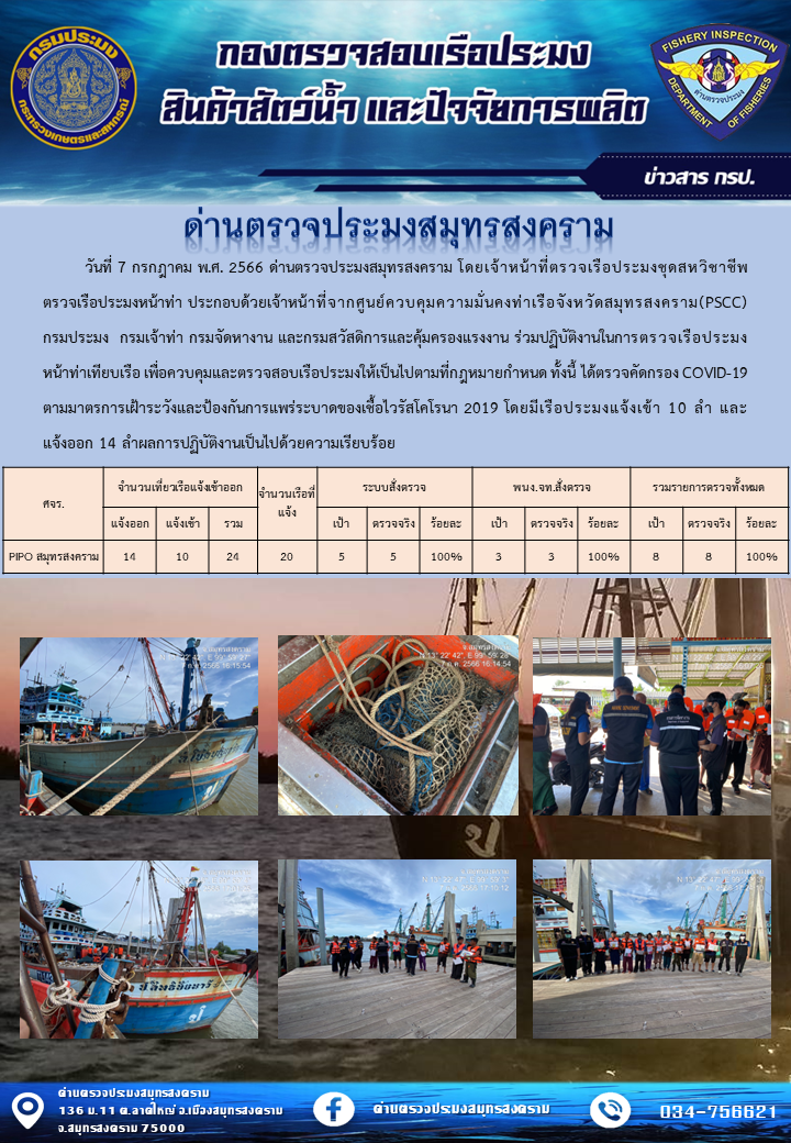 สถิติการแจ้งเข้า - ออกเรือประมงพาณิชย์ ด่านตรวจประมงสมุทรสงคราม ประจำวันที่ 7 กรกฎาคม 2566..คลิก