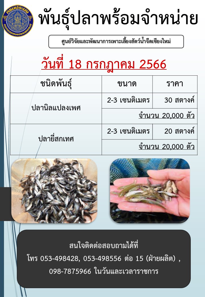 จำหน่ายพันธุ์ปลา วันที่ 18 กรกฎาคม 2566