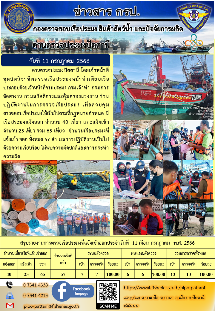 ข่าวสารการปฏิบัติงาน ด่านตรวจประมงปัตตานี วันที่ 11 กรกฎาคม 2566..คลิก