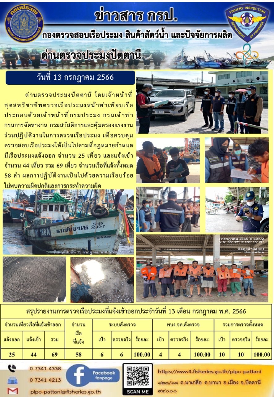 ข่าวสารการปฏิบัติงาน ด่านตรวจประมงปัตตานี วันที่ 13 กรกฎาคม 2566..คลิก