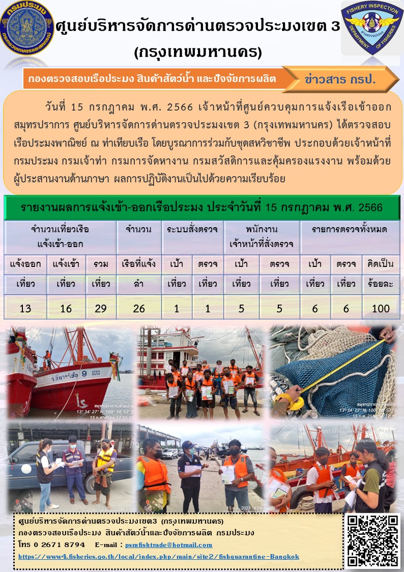 ประชาสัมพันธ์ศูนย์บริหารจัดการด่านตรวจประมงเขต 3 (กรุงเทพมหานคร) ประจำวันที่ 16 กรกฎาคม 2566..คลิก