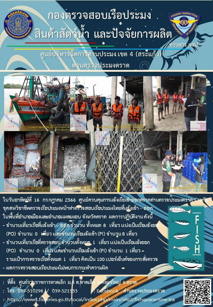 ผลการปฏิบัติงานของศูนย์ควบคุมการแจ้งเรือเข้าออกตราด ด่านตรวจประมงตราด ประจำวันที่ 16 กรกฎาคม 2566..คลิก
