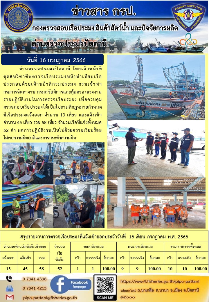 ข่าวสารการปฏิบัติงาน ด่านตรวจประมงปัตตานี วันที่ 16 กรกฎาคม 2566..คลิก