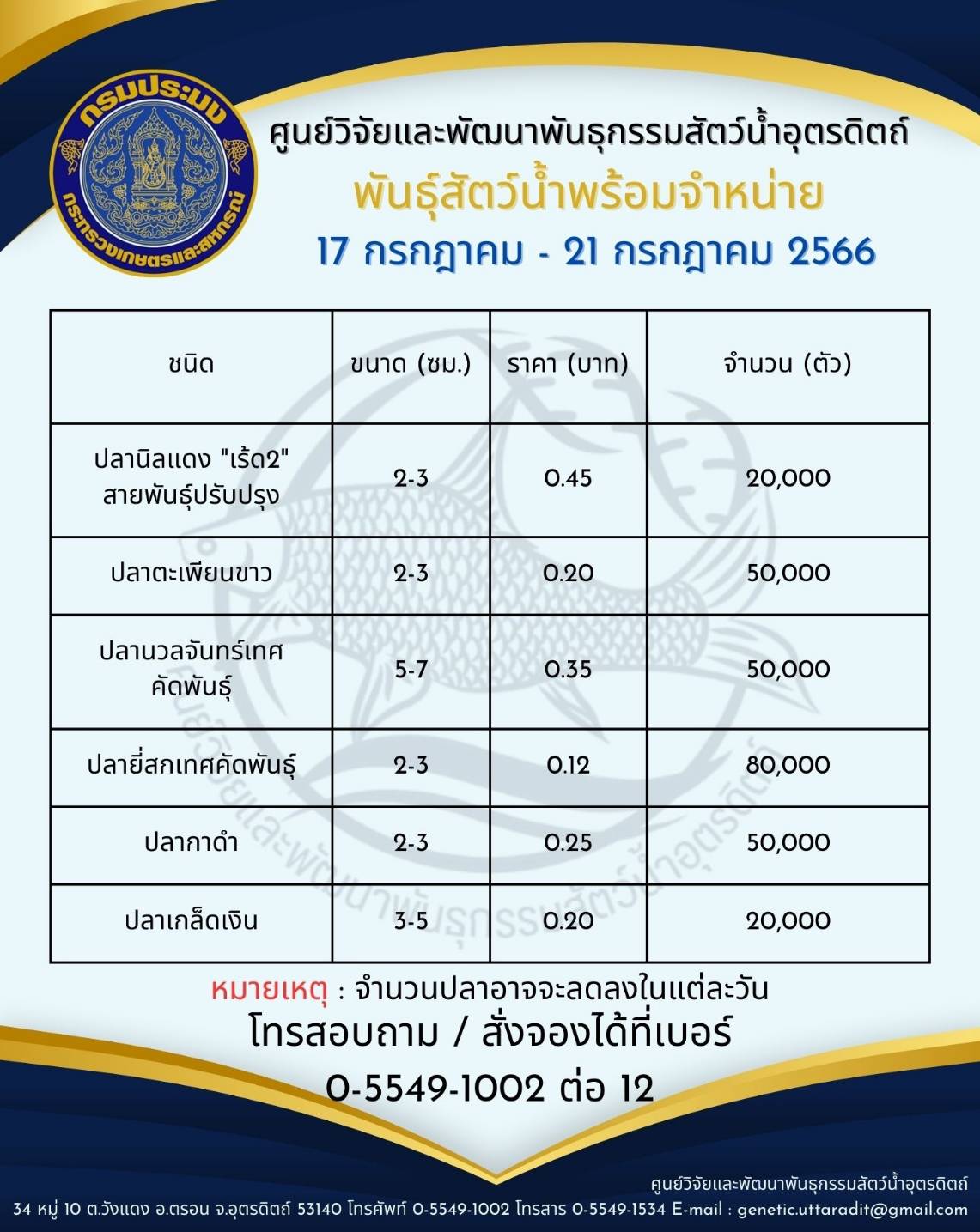 พันธุ์สัตว์น้ำพร้อมจำหน่าย ระหว่างวันที่ 17 - 21 กรกฎาคม 2566