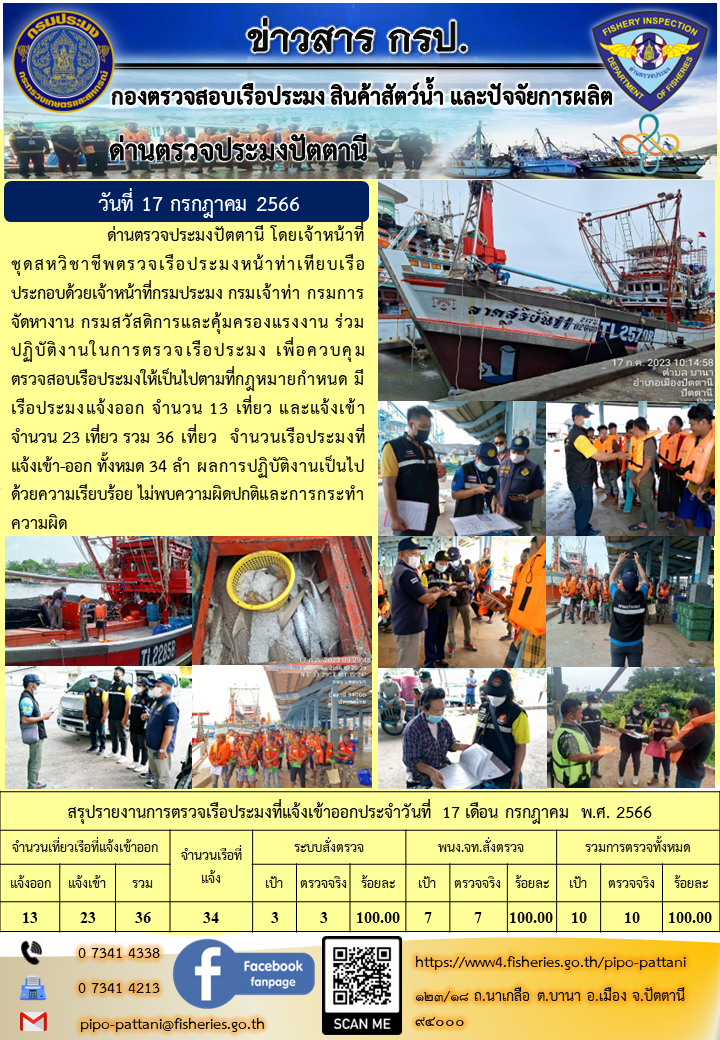 ข่าวสารการปฏิบัติงาน ด่านตรวจประมงปัตตานี วันที่ 17 กรกฎาคม 2566..คลิก