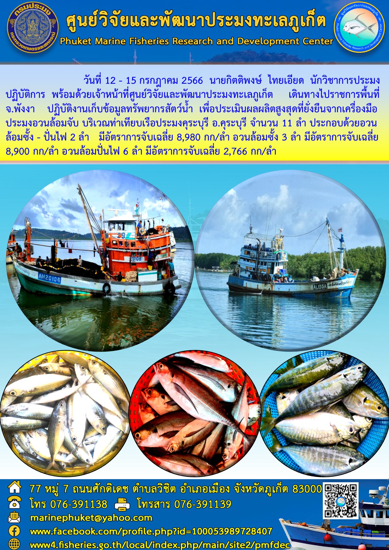 วันที่ 12 – 15 กรกฎาคม 2566 นายกิตติพงษ์ ไทยเอียด นักวิชาการประมงปฏิบัติการ พร้อมด้วยเจ้าหน้าที่ศูนย์วิจัยและพัฒนาประมงทะเลภูเก็ต เดินทางไปราชการพื้นที่ จ.พังงา ปฏิบัติงานเก็บข้อมูลทรัพยากรสัตว์น้ำ เพื่อประเมินผลผลิตสูงสุดที่ยั่งยืนจากเครื่องมือประมงอวนล้อมจับ บริเวณท่าเทียบเรือประมงคุระบุรี อ.คุระบุรี จำนวน 11 ลำ ประกอบด้วยอวนล้อมซั้ง - ปั่นไฟ 2 ลำ มีอัตราการจับเฉลี่ย 8,980 กก/ลำ อวนล้อมซั้ง 3 ลำ มีอัตราการจับเฉลี่ย 8,900 กก/ลำ อวนล้อมปั่นไฟ 6 ลำ มีอัตราการจับเฉลี่ย 2,766 กก/ลำ..คลิก