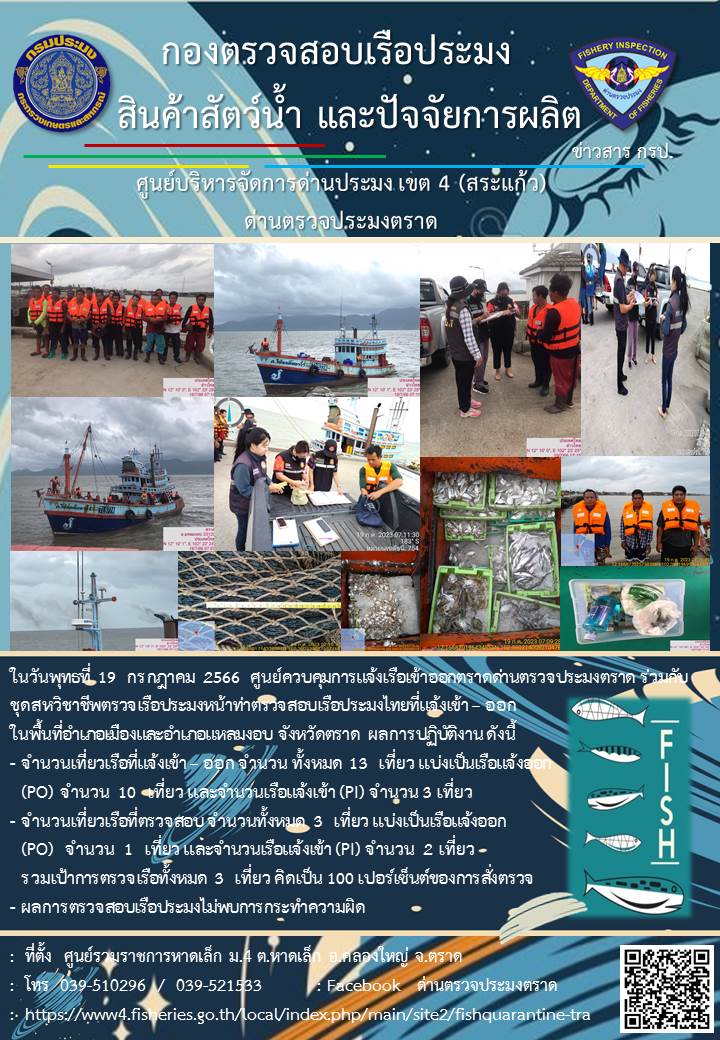 ผลการปฏิบัติงานของศูนย์ควบคุมการแจ้งเรือเข้าออกตราด ด่านตรวจประมงตราด ประจำวันที่ 19 กรกฎาคม 2566..คลิก