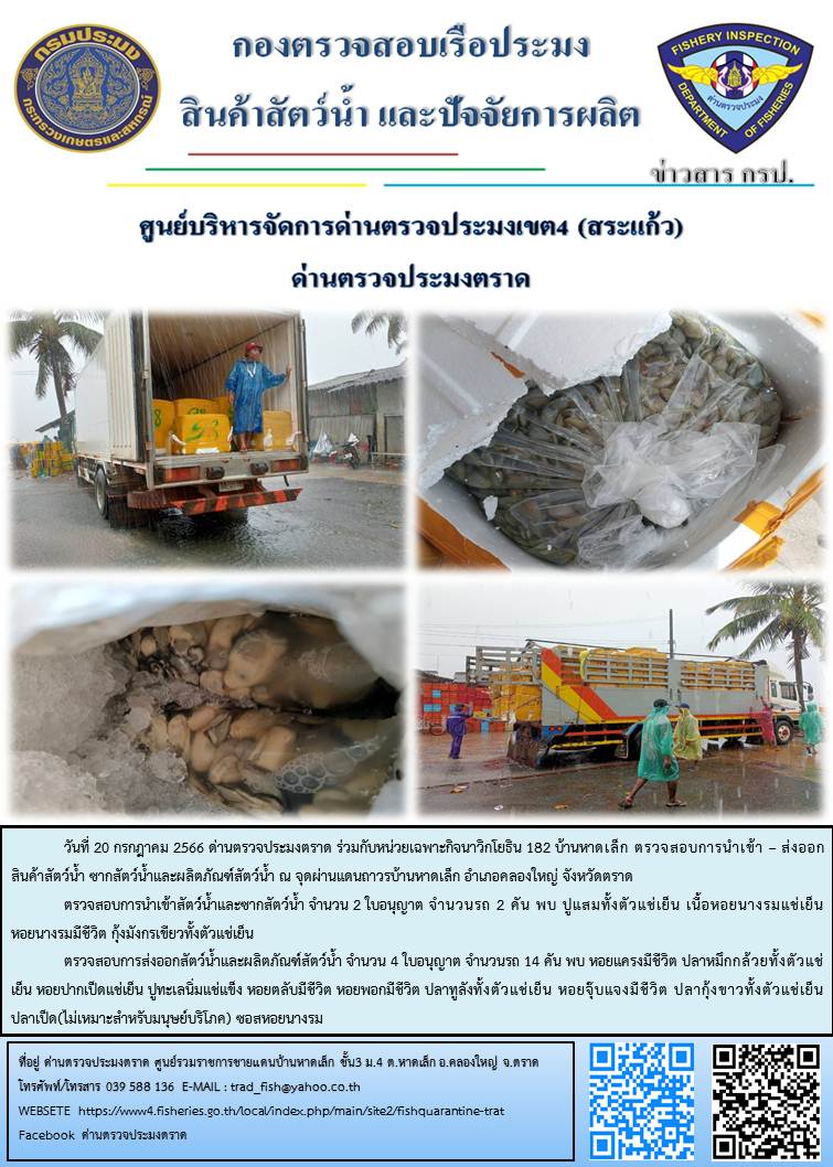 ผลการปฏิบัติงานส่วนงานควบคุมการนำเข้า - ส่งออกสัตว์น้ำ ซากสัตว์น้ำและผลิตภัณฑ์สัตว์น้ำ ด่านตรวจประมงตราด ประจำวันที่ 20 กรกฎาคม 2566..คลิก