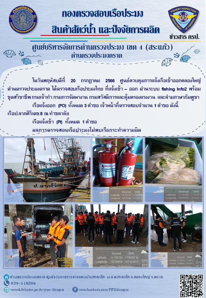 ผลการปฏิบัติงานของศูนย์ควบคุมการแจ้งเรือเข้าออกคลองใหญ่ ด่านตรวจประมงตราด ประจำวันที่ 20 กรกฎาคม 2566..คลิก