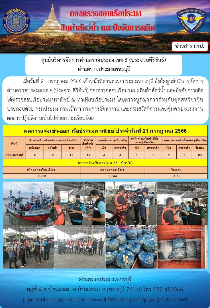 ข่าวประชาสัมพันธ์ ด่านตรวจประมงเพชรบุรี สถิติเรือที่แจ้งเข้า - ออก ประจำวันที่ 21 ก.ค. 2566..คลิก