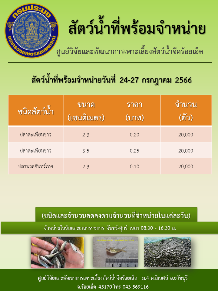 สัตว์น้ำที่พร้อมจำหน่ายวันที่ 24-27 กรกฎาคม 2566..คลิก