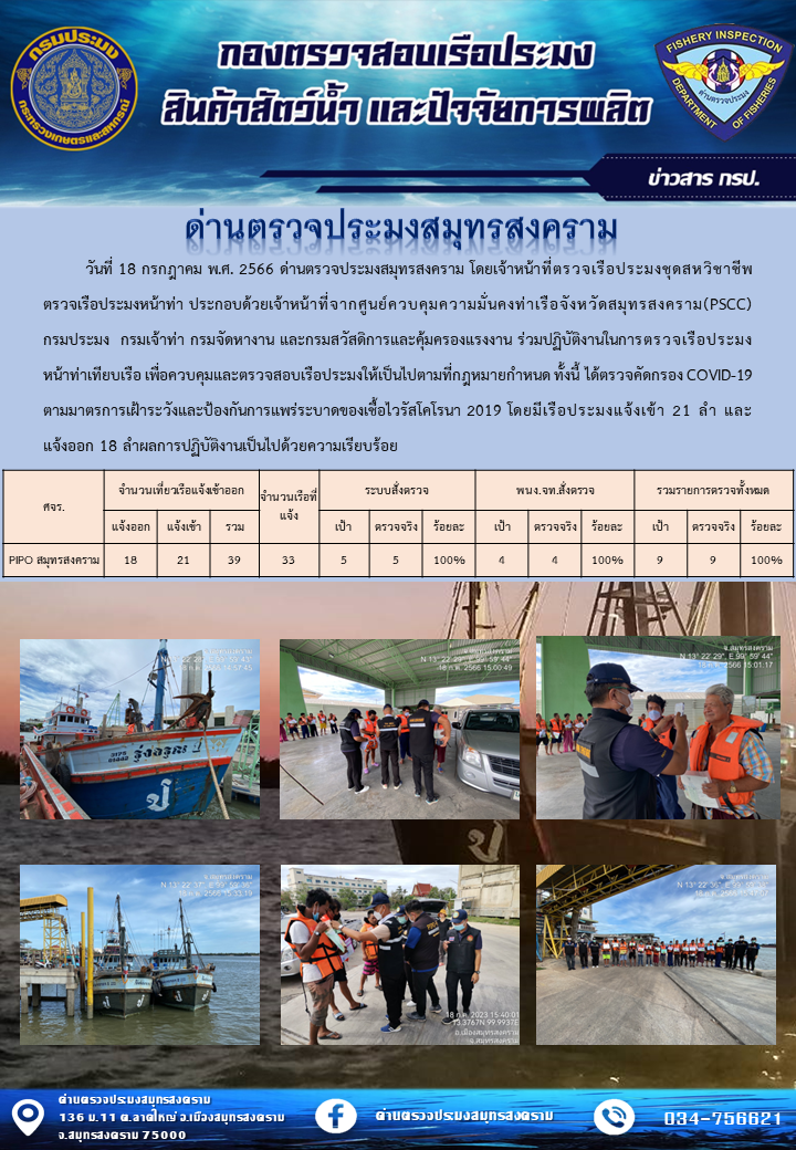 สถิติการแจ้งเข้า - ออกเรือประมงพาณิชย์ ด่านตรวจประมงสมุทรสงคราม ประจำวันที่ 18 กรกฎาคม 2566..คลิก