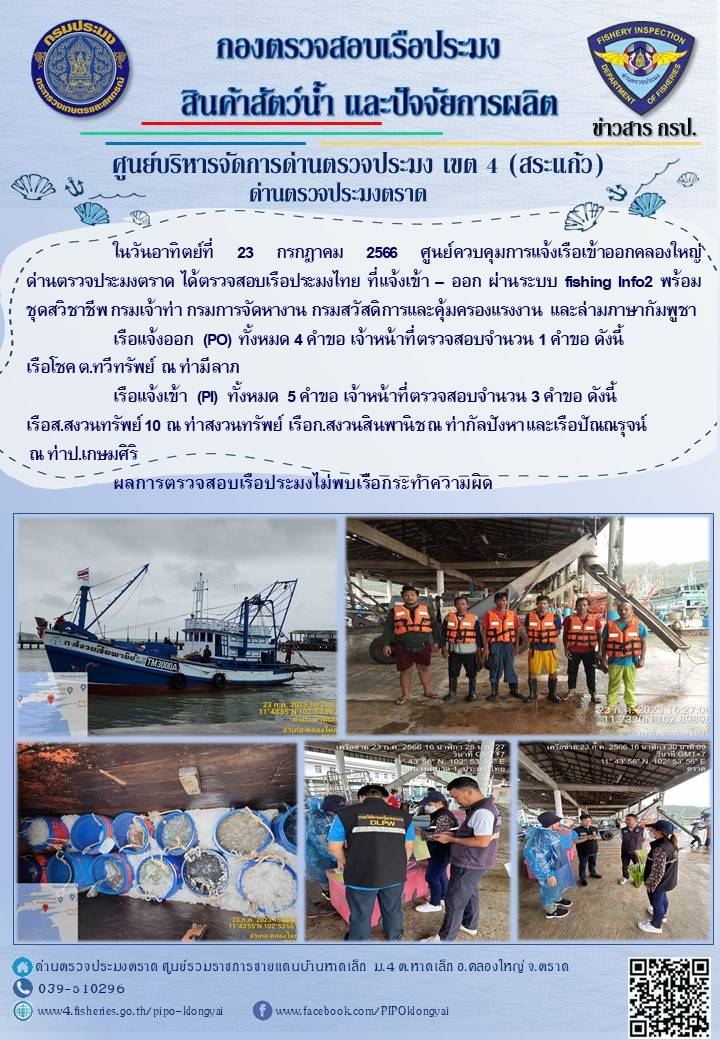 ผลการปฏิบัติงานศูนย์ควบคุมการแจ้งเรือเข้าออกคลองใหญ่ ด่านตรวจประมง ประจำวันที่ 23 กรกฎาคม 2566..คลิก