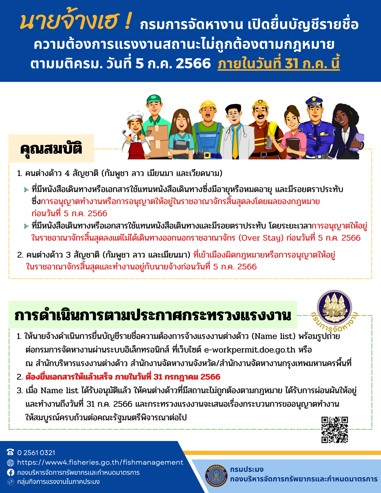 ประกาศ กรมจัดหางาน เปิดยื่นบัญชีรายชื่อความต้องการแรงงานสถานะไม่ถูกต้องตามกฎหมาย ตามมติครม. วันที่ 5 กรกฎาคม 2566