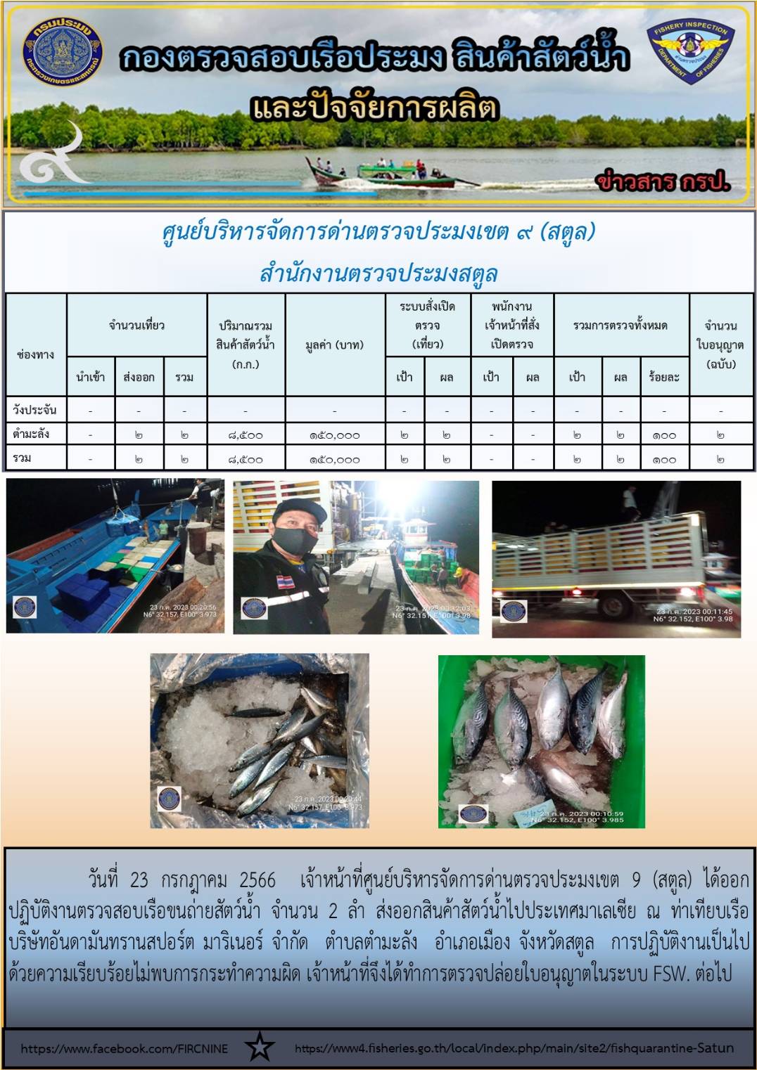 ประชาสัมพันธ์การปฏิบัติงานศูนย์บริหารจัดการด่านตรวจประมงเขต 9 (สตูล) ประจำวันที่ 21-25 กรกฎาคม 2566
